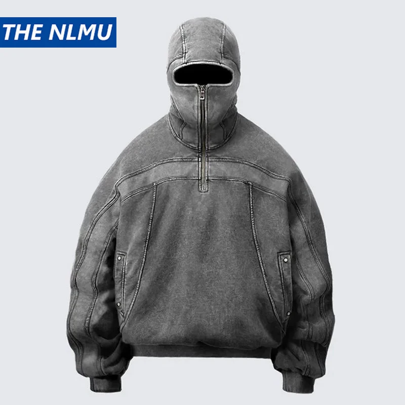 Vintage Washed Hoodies Streetwear Men Punk Y2k Loose Pullover Hoodie Harajuku Patchwork Sweatshirts Zipper Mask Hoodie