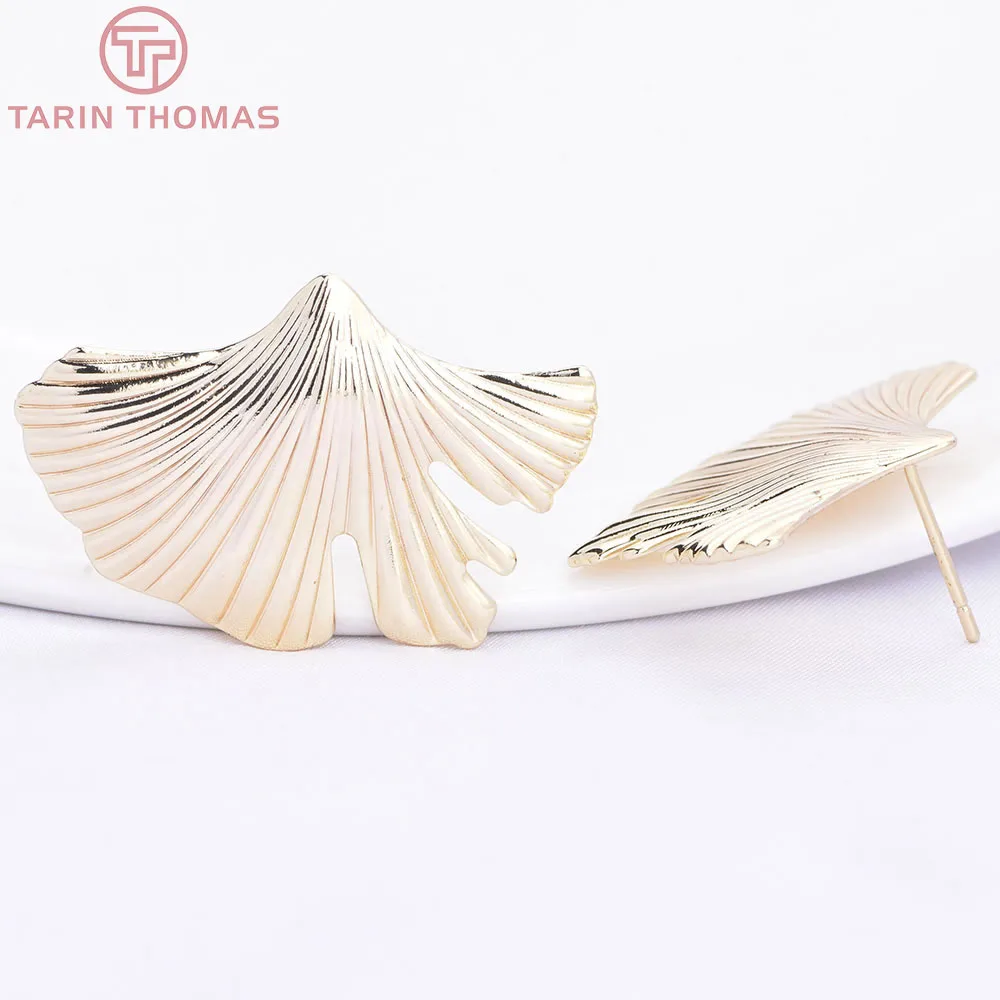 (10643) 6PCS 32x21.5MM 24K Gold Color Brass Ginkgo Leaf Shaped Stud Earrings High Quality Jewelry Findings Wholesales