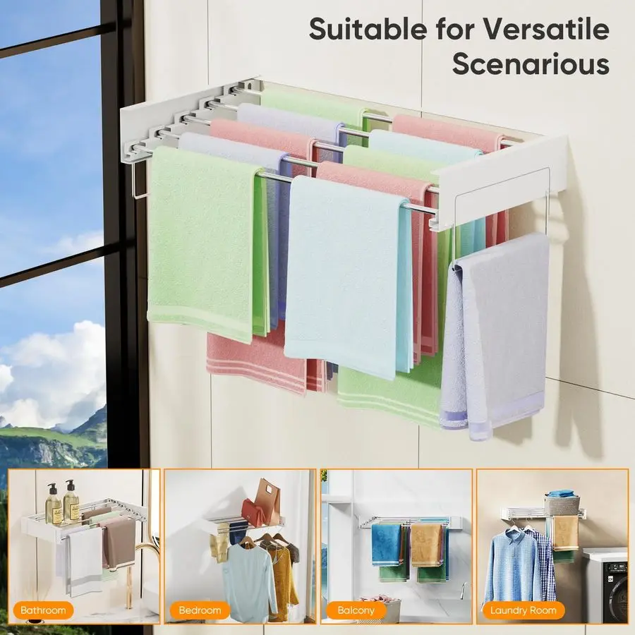 Mounted Drying Rack, Laundry Clothes Drying Rack Foldable, Collapsible Hanger Clothing Wall Mount with 2 Towel Handles and Wall