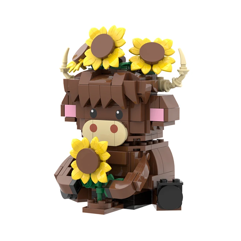 Sunflower Highland Cow Building Blocks Creative Scottish Cattle Desktop Ornament Educational Assembly Toys Holiday Gifts