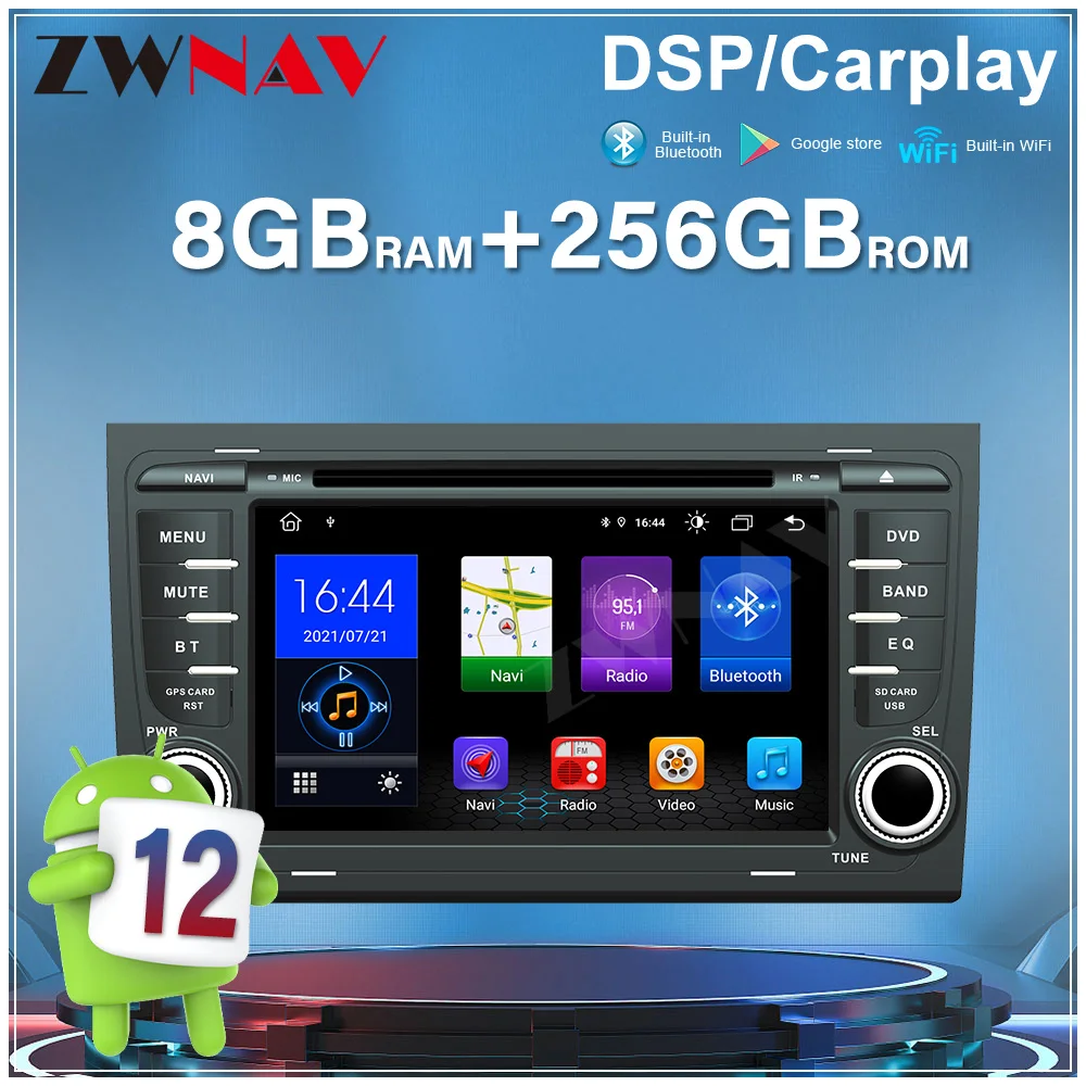 7'' For Audi A4 Android12 Car Radio Auto Touch Screen Dual-side Buttons GPS Navigation Wireless Carplay Stereo Multimedia Player