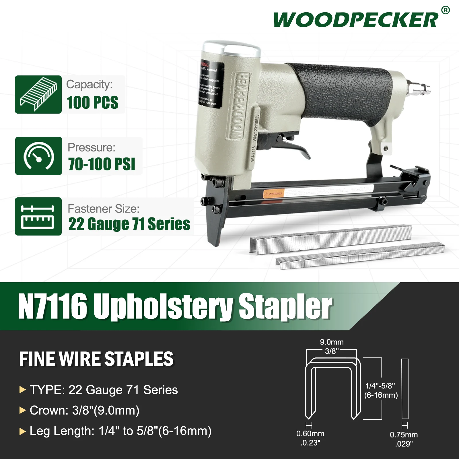 WOODPECKER N7116 22 Gauge  3/8-Inch Crown 1/4-Inch to 5/8-Inch Leg Length Fine Wire Stapler  for Furniture and Fabric