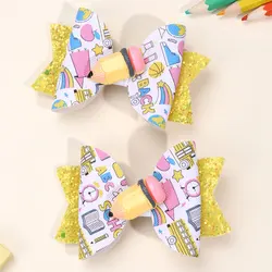 2Pcs Sweet Leather Print Hairpin Cartoon Letter Clock Bows Hair Clip Glitter Back To School Barrettes Boutique Headwear