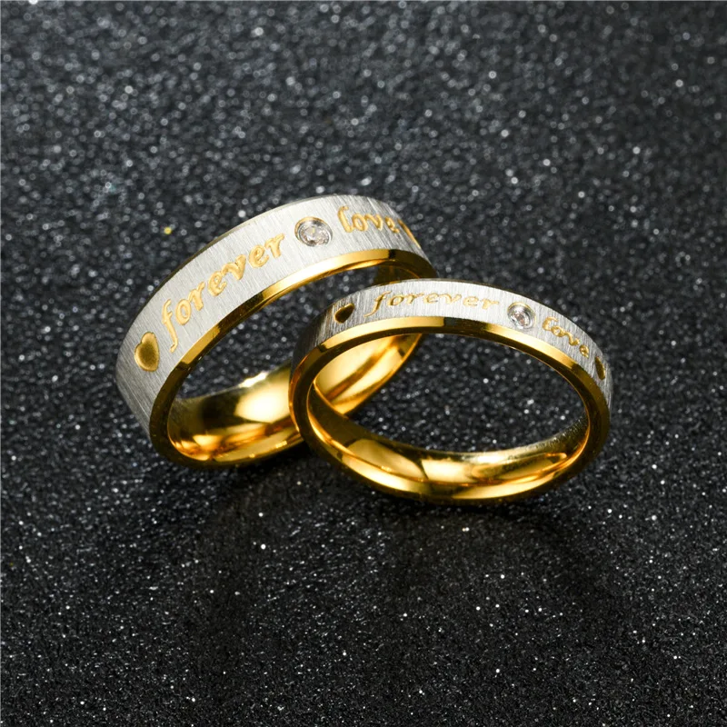Unisex Fashion Letter Ring Stainless Steel Diamond Detailing Wedding Band Jewelry for Couples Rings Sizes 6-12