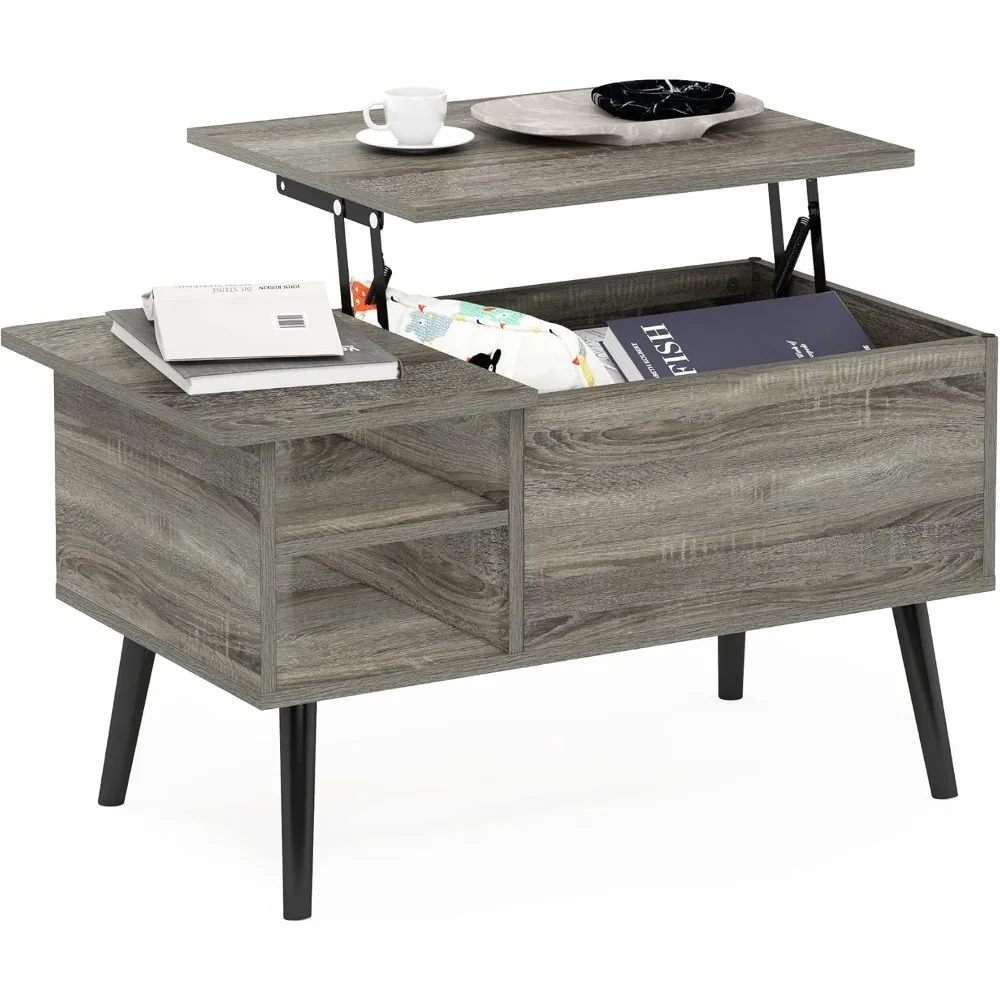 Jensen Living Room Wooden Leg Lift Top Coffee Table With Hidden Compartment and Side Open Storage Shelf, French Oak Grey