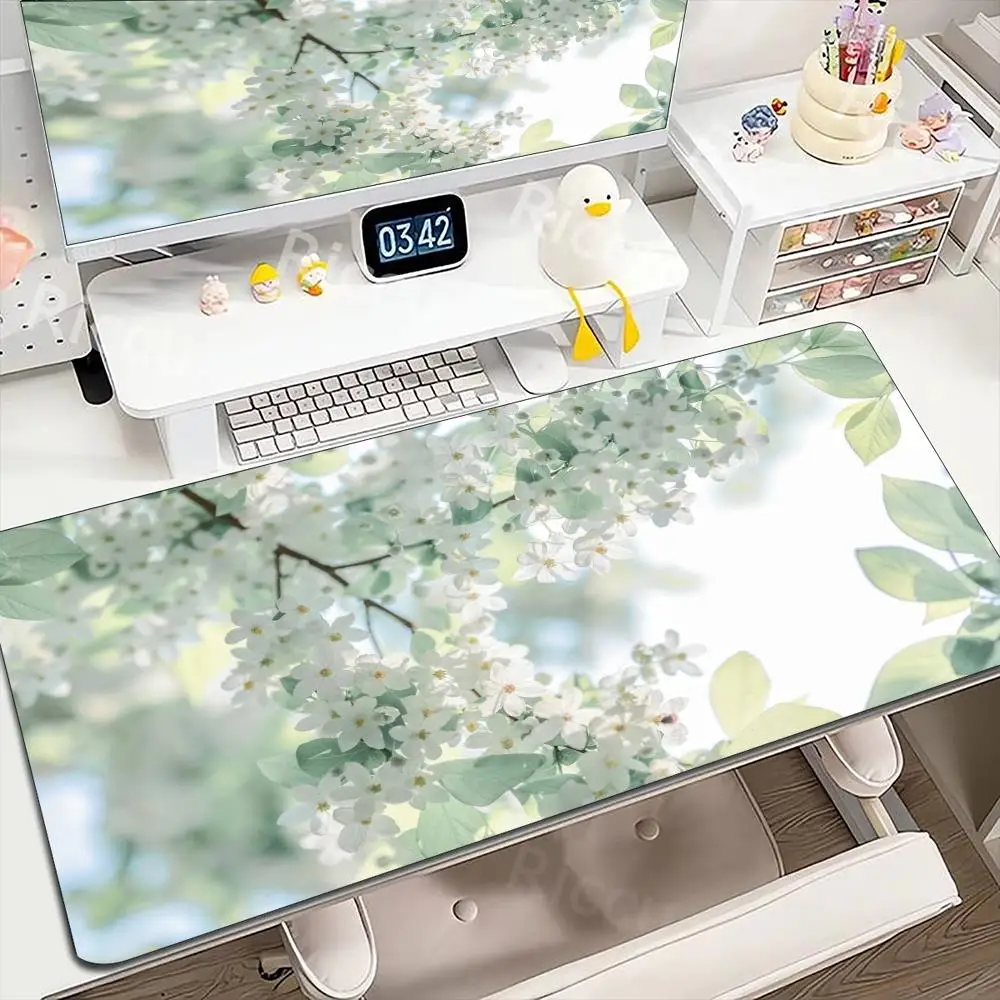 Large Desk Mat Fresh Floral Leaf Print Stitched Edge Anti‑Slip Rubber Base Smooth Mat For Gaming Home Office Desktop Decor