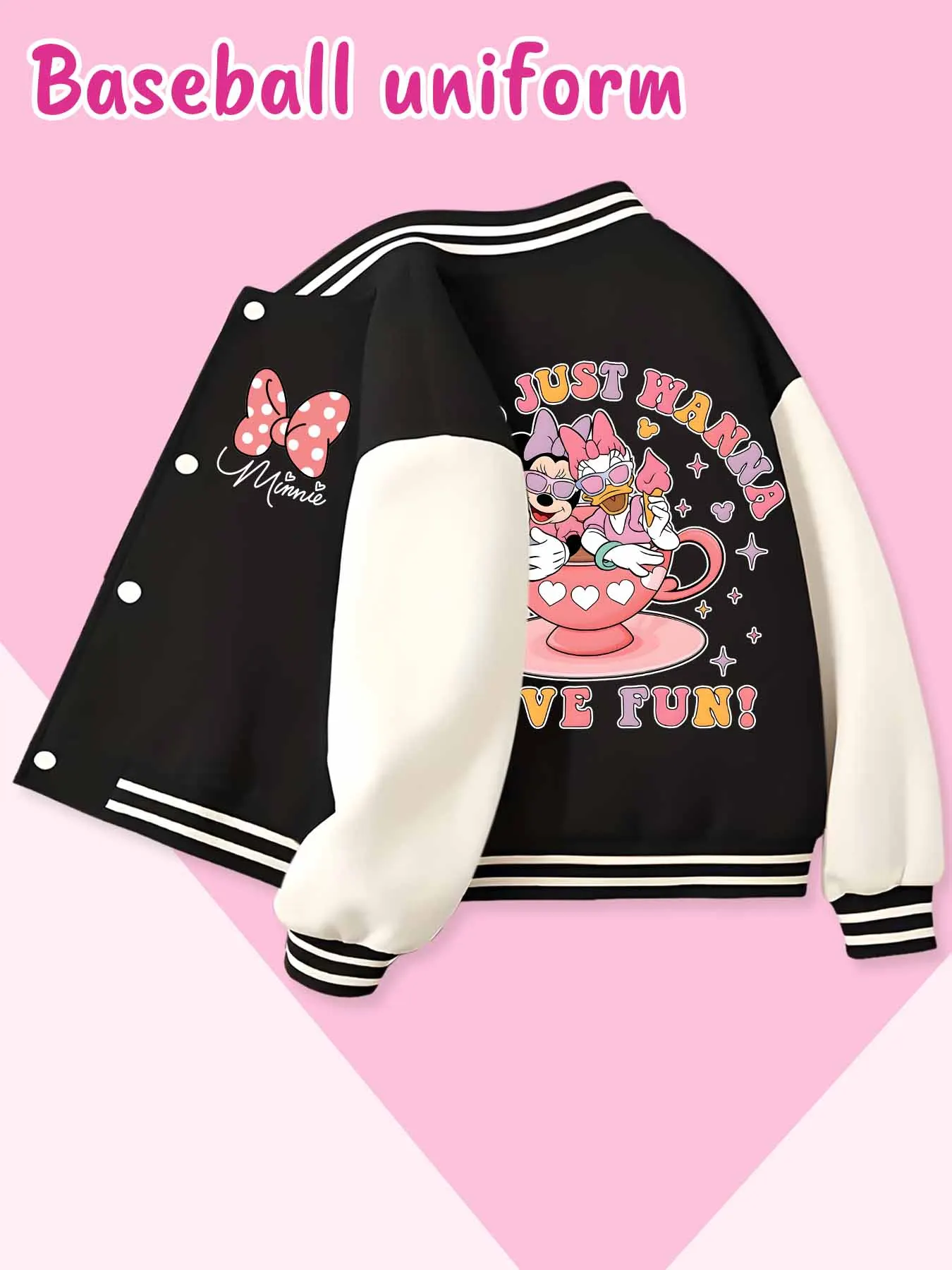 Chaqueta de béisbol de tendencia de moda de Disney, adecuada para deportes diarios y ropa casual, estampada con lindo patrón de Minnie, bonito regalo.