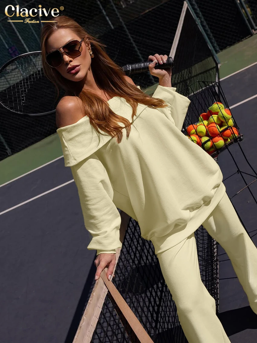 Clacive Fashion Loose Brown 2 Piece Set Women 2025 Winter Long Sleeve Shirt With High Waist Wide Pants Set Female Streetwear