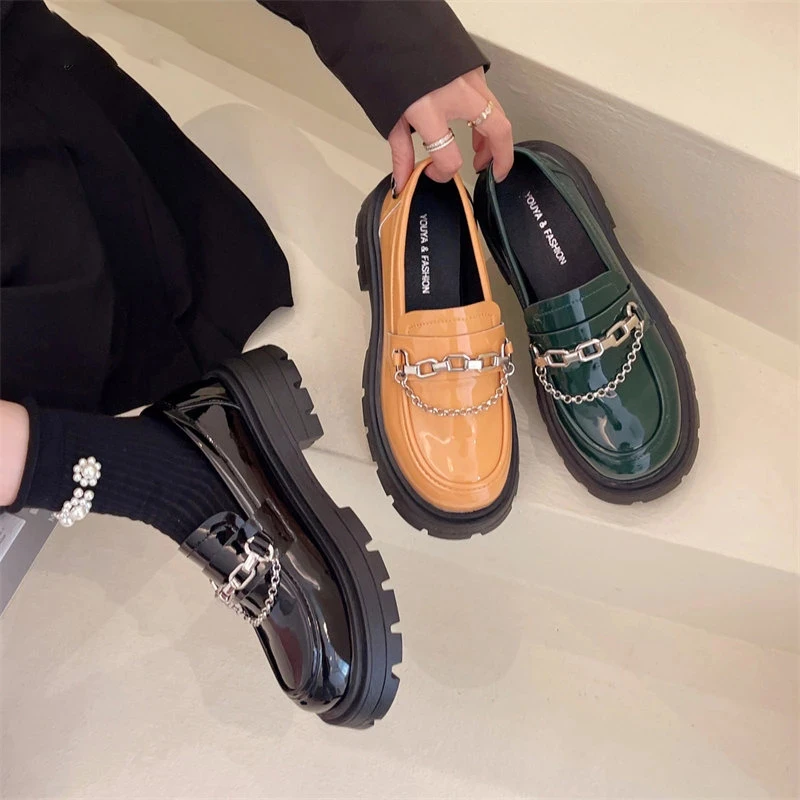 Women Pumps Lady Loafers Chunky Heel Platform Metal Chain Shoes Female Casual Retro College Girl Daily Round Toe Mujer Footwear