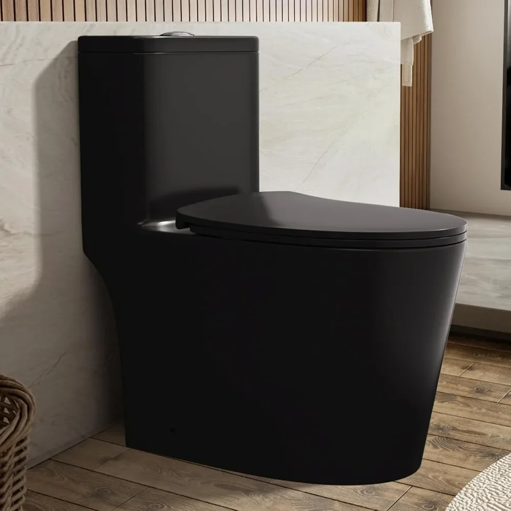 

Dual Flush 1-Piece Toilet: Elongated, Comfort Height, Powerful/Quiet Flush, 12'' Rough-In, Matte Black