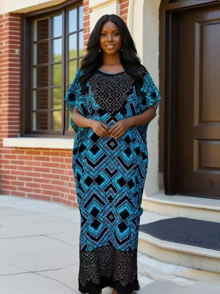 

2026 New Fashionable Summer Loose Casual Printed Breathable Middle Eastern Daily African Cotton Dress with Scarf for Women