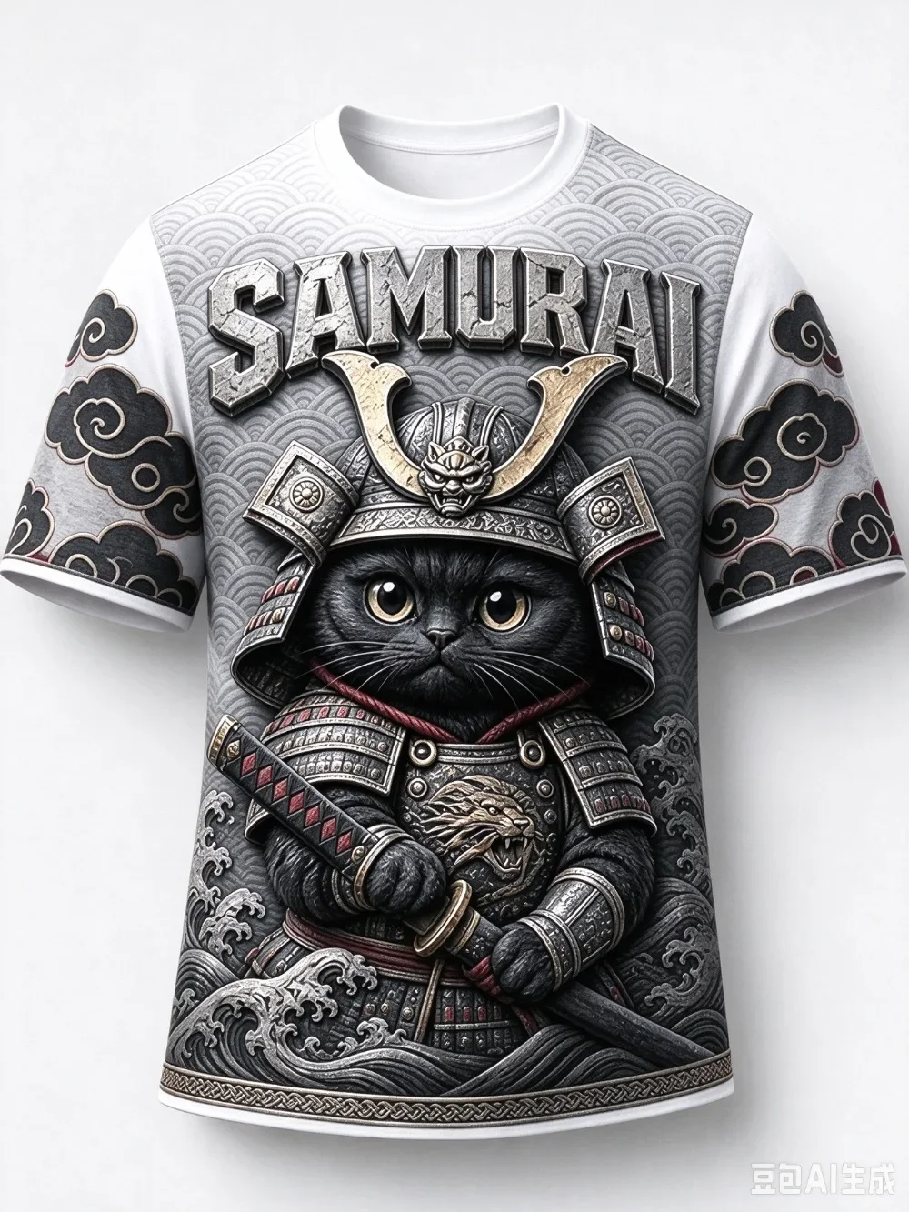 Japanese Samurai Black Cat Pattern 3D Print Sport Quickdry Breath MenT-shirt Outdoor Street Casual Fashion Training Parent-Child