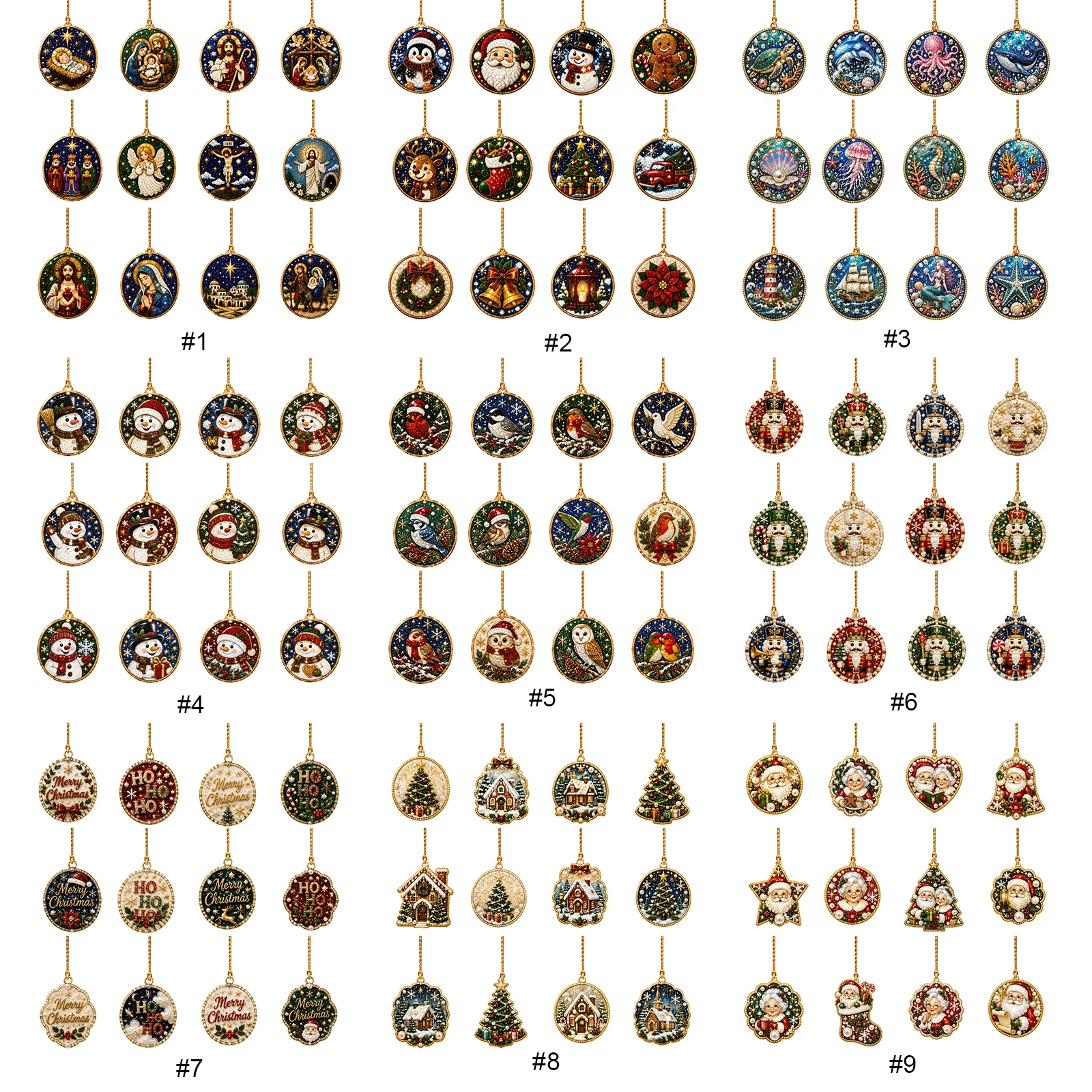 12Pcs Christmas Diamond Painting Ornaments Kit Round Acrylic Xmas Tree Window Frame Hanging Decor DIY Craft Set