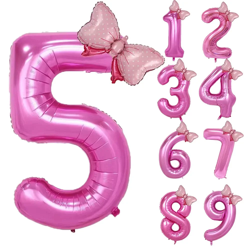 32inch Number Pink Foil Balloon With Mini Bow Set 1 2 3 4 5 6 7 8 9 For Kid Boys Girls Birthday Party Baby Shower Decorations
