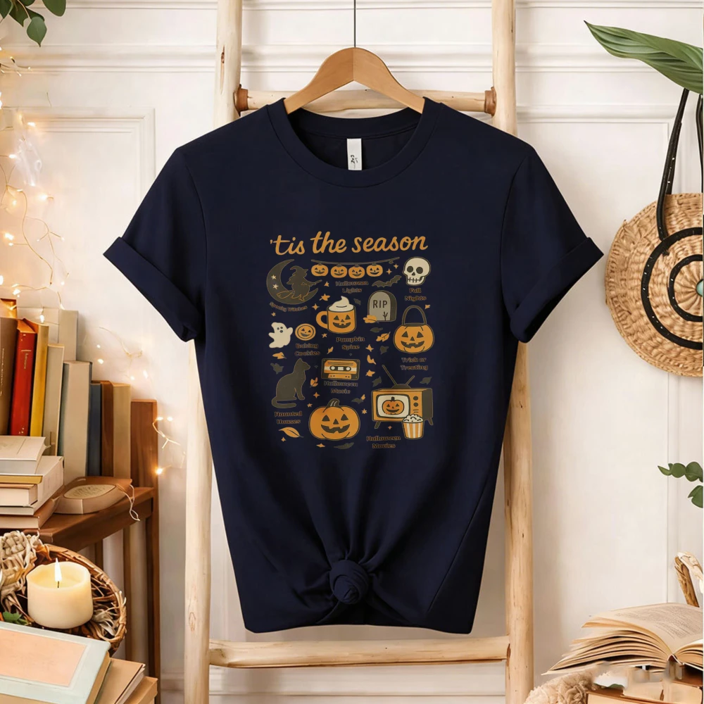 Tis The Season Retro Halloween Doodle Graphic T‑Shirt Pumpkin Ghost Skull Witch Moon Black Cat Vintage Cassette TV Holiday Tops