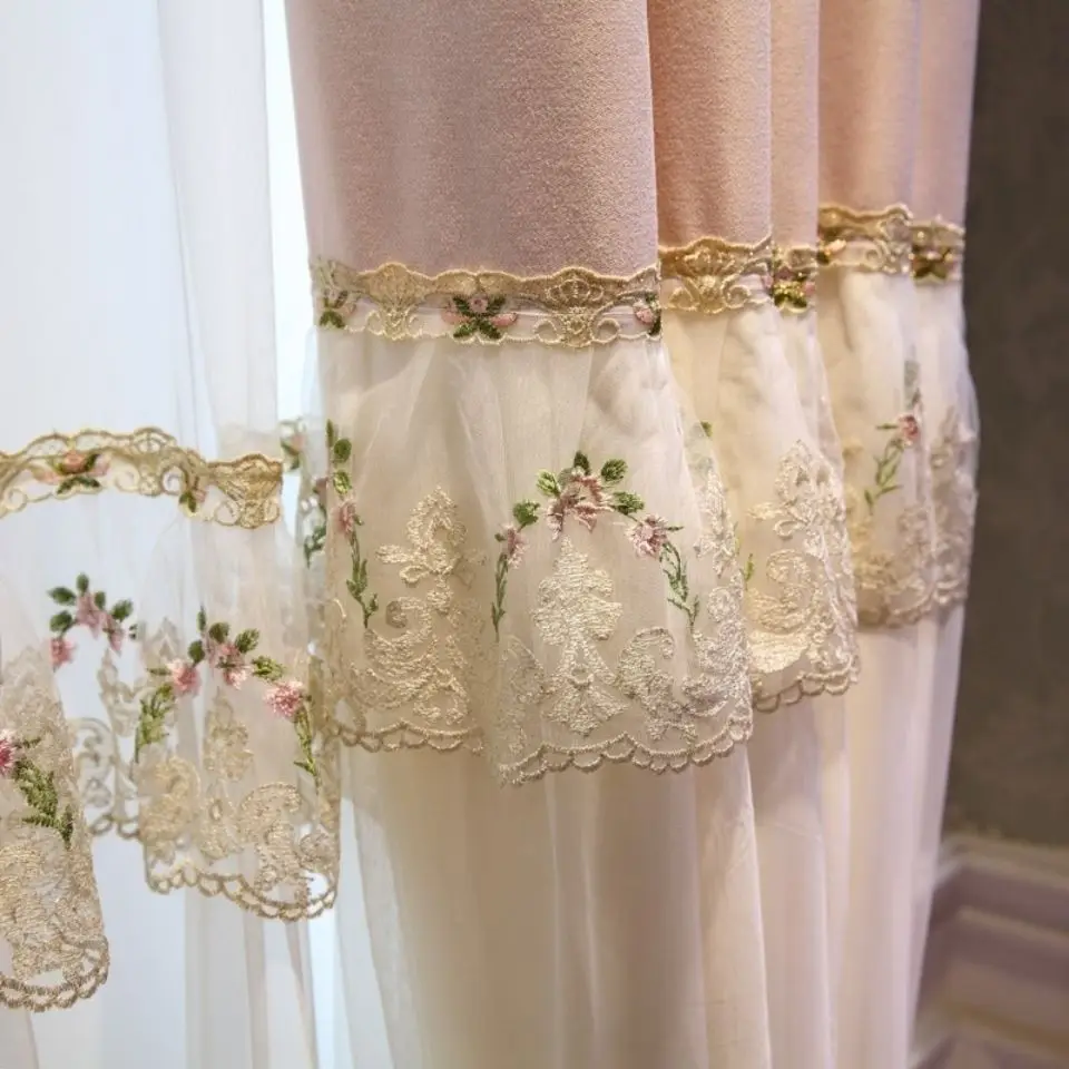 Korean Cottage Princess Style Pink Lace Curtain for Girls Bedroom Romantic Window Curtain for Living Room
