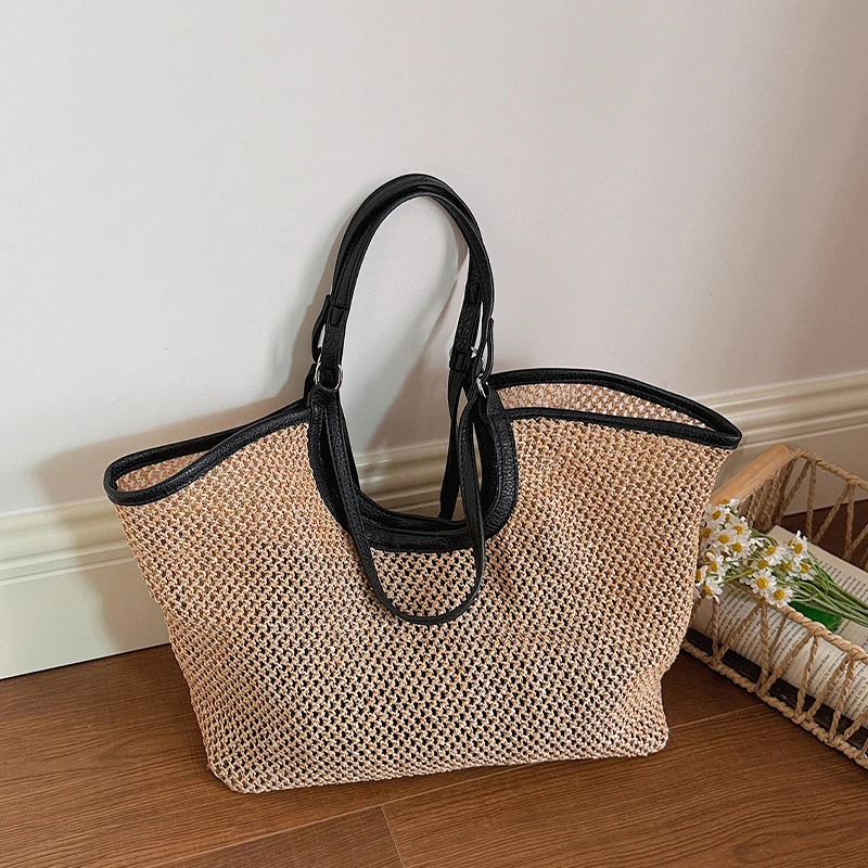 

Сумка-ведро из соломки и ротанга для женщин, ручной работы, с кожаными элементами, вместительная, для пляжа и шопинга