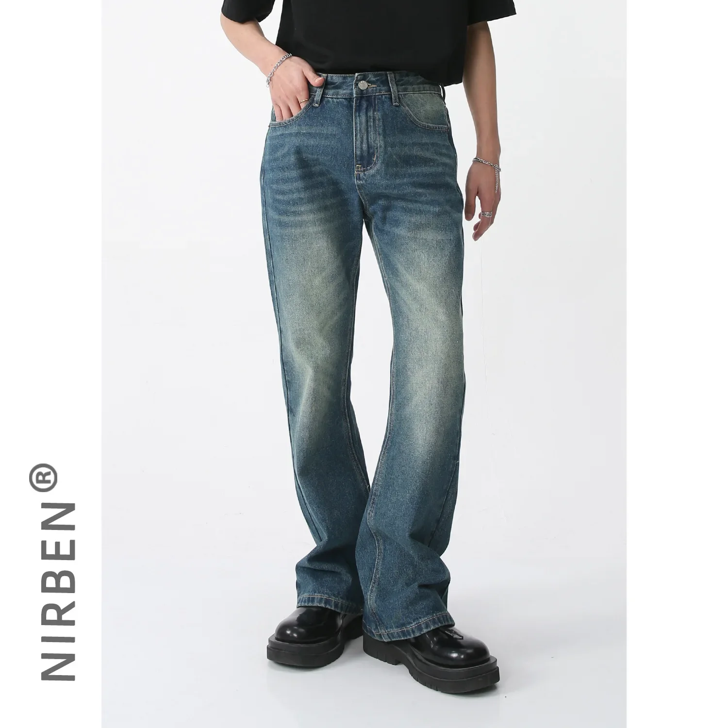 Men High Street Hip Hop Casual Small Flare Denim Jeans Pant Male Japan Korea Style Streetwear Vintage Denim Trousers Pant