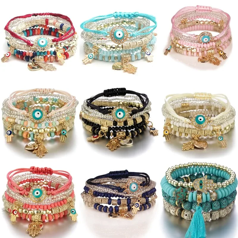 Bohemia Enthic Evil Eye Beads Chain Bracelet Set for Women Beaded Charm Bracelets Bangle Girls Boho Party Jewelry Pulseras 팔찌