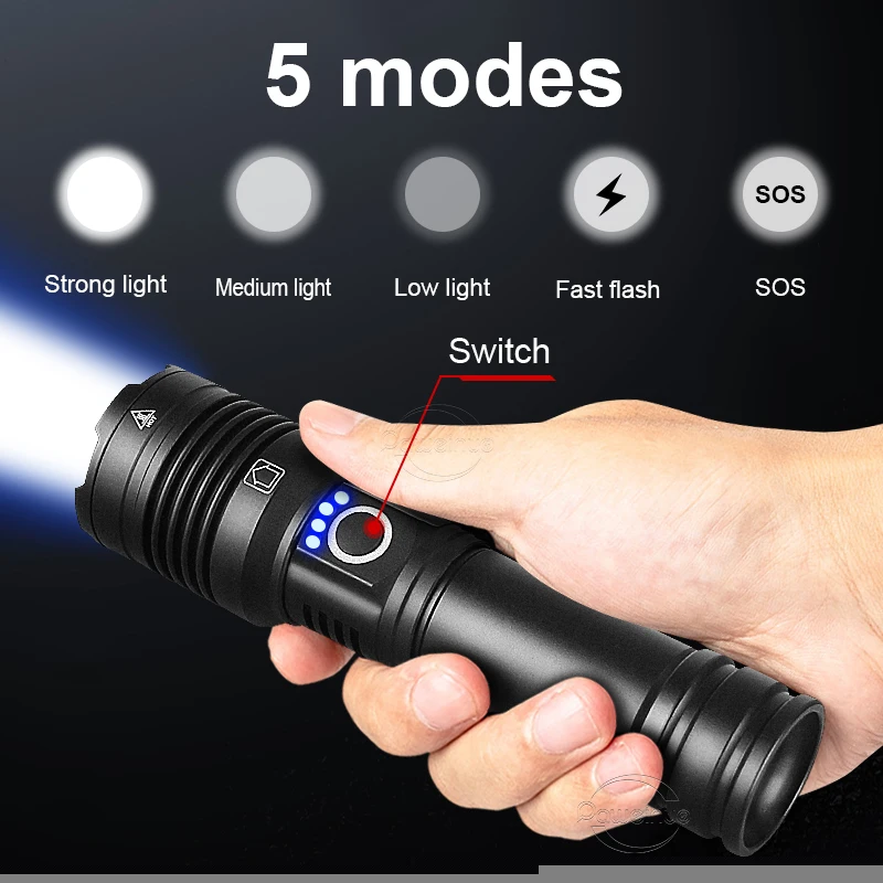 Super XHP360 Powerful Flashlight USB Rechargeable LED Torch 5 Modes High Power LED Flashlight XHP160 Waterproof Tactical Lantern