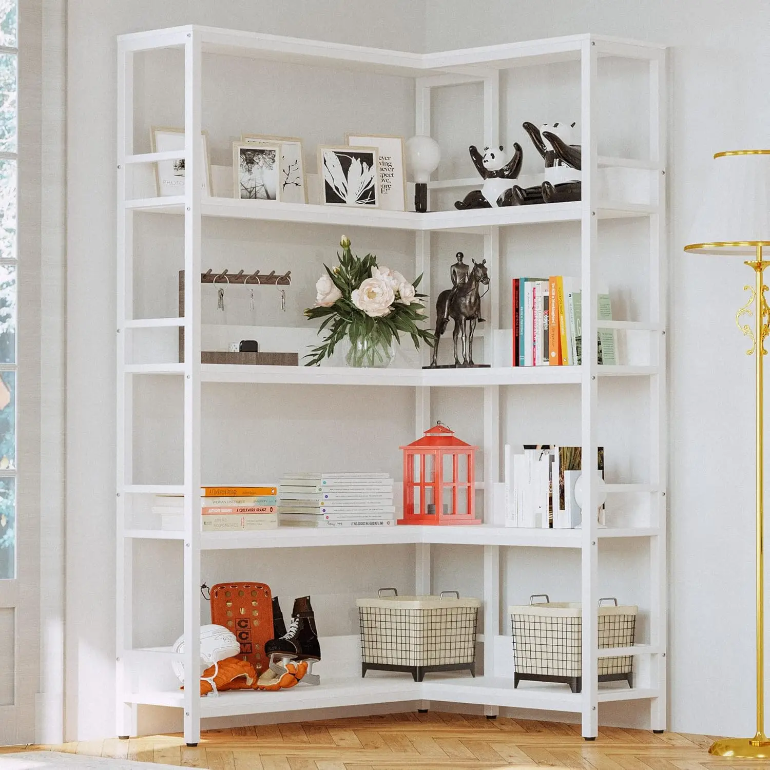 Industrial Bookshelves Five Tiers Corner Bookcases with Baffles Etagere Shelf Storage Rack with Metal Frame for Living