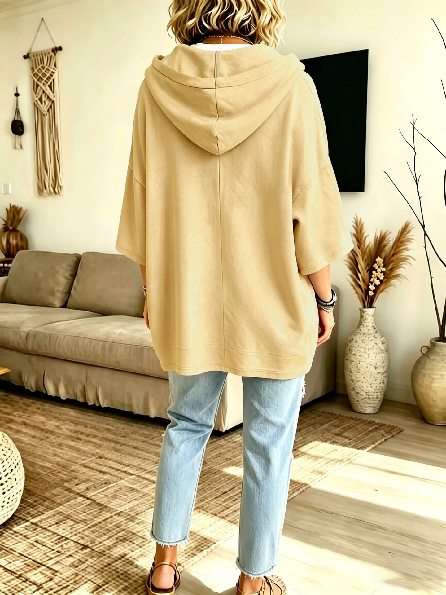 Einfarbiger Damen-Hoodie mit 3/4-Ärmeln, Lässiger Lockerer Pullover für Herbst und Winter – Detail 7