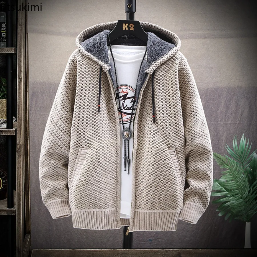 

Men's Winter Cardigan Hooded Solid Zip Sweater Jacket Thickened Fleece Warm Casual Sweatercoats Chenille Knitted Sweater for Men