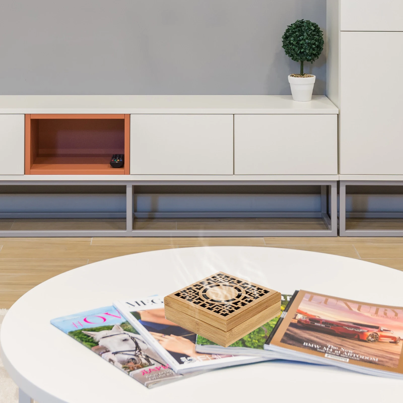 

1pc Wooden Box Light Yellow Bamboo Carved Hollow Burner Desktop Decoration Fragrance Holder Tabletop Adornment Incense Censer