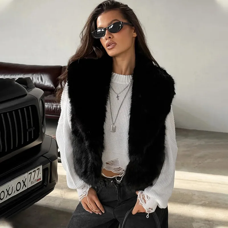 TARUXY Women Fur Vest Autumn Winter Lapel Sleeveless Fashion Commuting Top New High Street Vest Cardigan Solid Outerwear Female