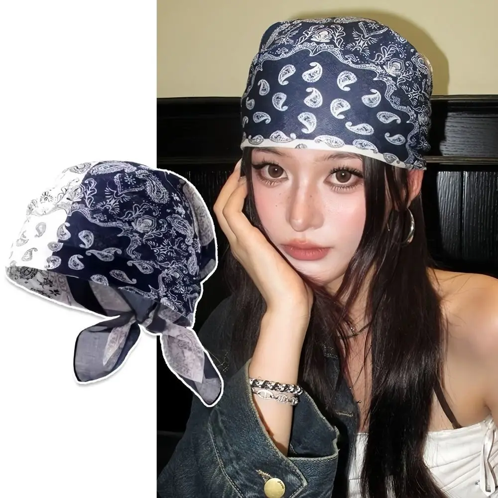 Y2K Cashew Flower Print Scarf Spicy Girls Hip Hop Small Square Scarf Headband Geometric Shape Leopard Print Silk Scarf