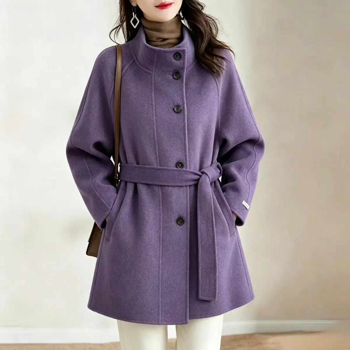 Stand Collar Wool Blend Coat Women Single Breasted Belted Waist Mid-Length Loose Overcoat Ladies Autumn Winter Outerwear
