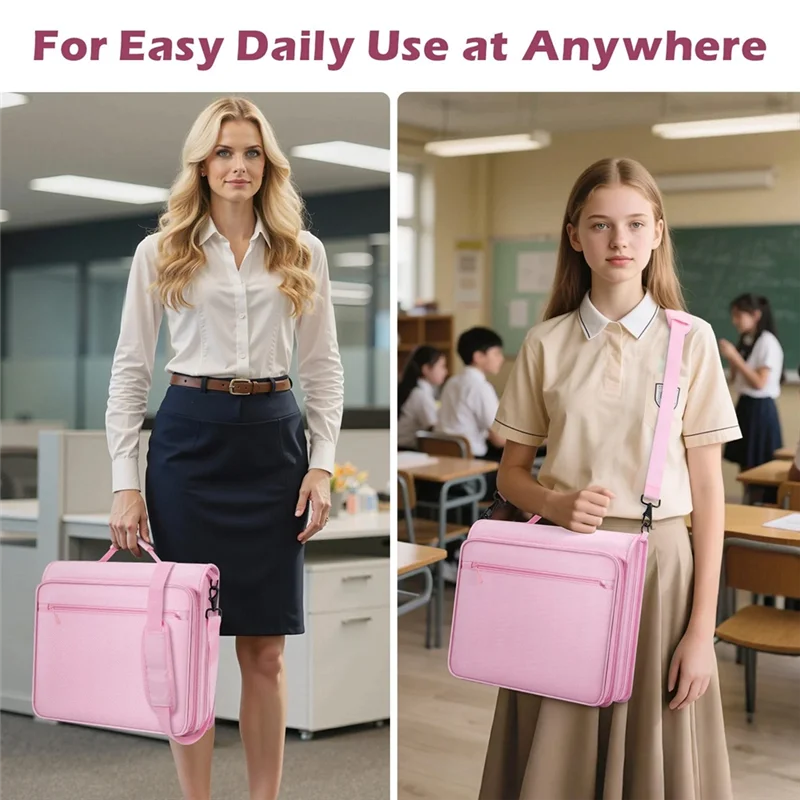 HJ-Multi-Pocket 2 Inch Zipper Binder With 3 Ring Design, 500 Sheet Capacity 5 Tab Expanding File Folder, Zipper Bag Pink