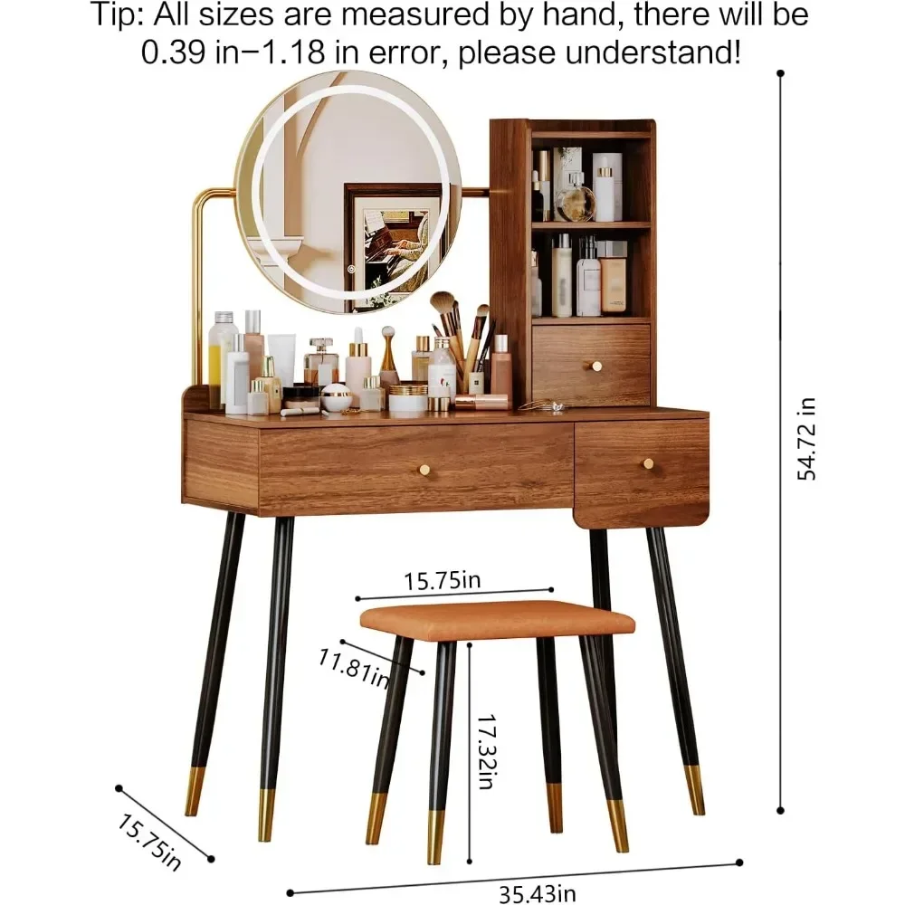 Vanity Desk with Round Mirror and Lights, Brown Vanity Makeup Table with chair, with open compartment and 3 drawers