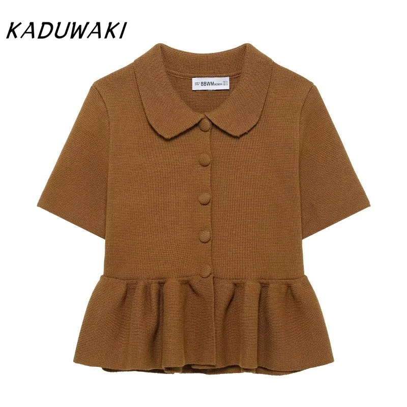 

KADUWAKI Spring/autumn Women's Cropped Knitted Shirt Lapel Short Sleeves Single Breasted Solid T-Shirt Hem Casual Shirt Chic Top