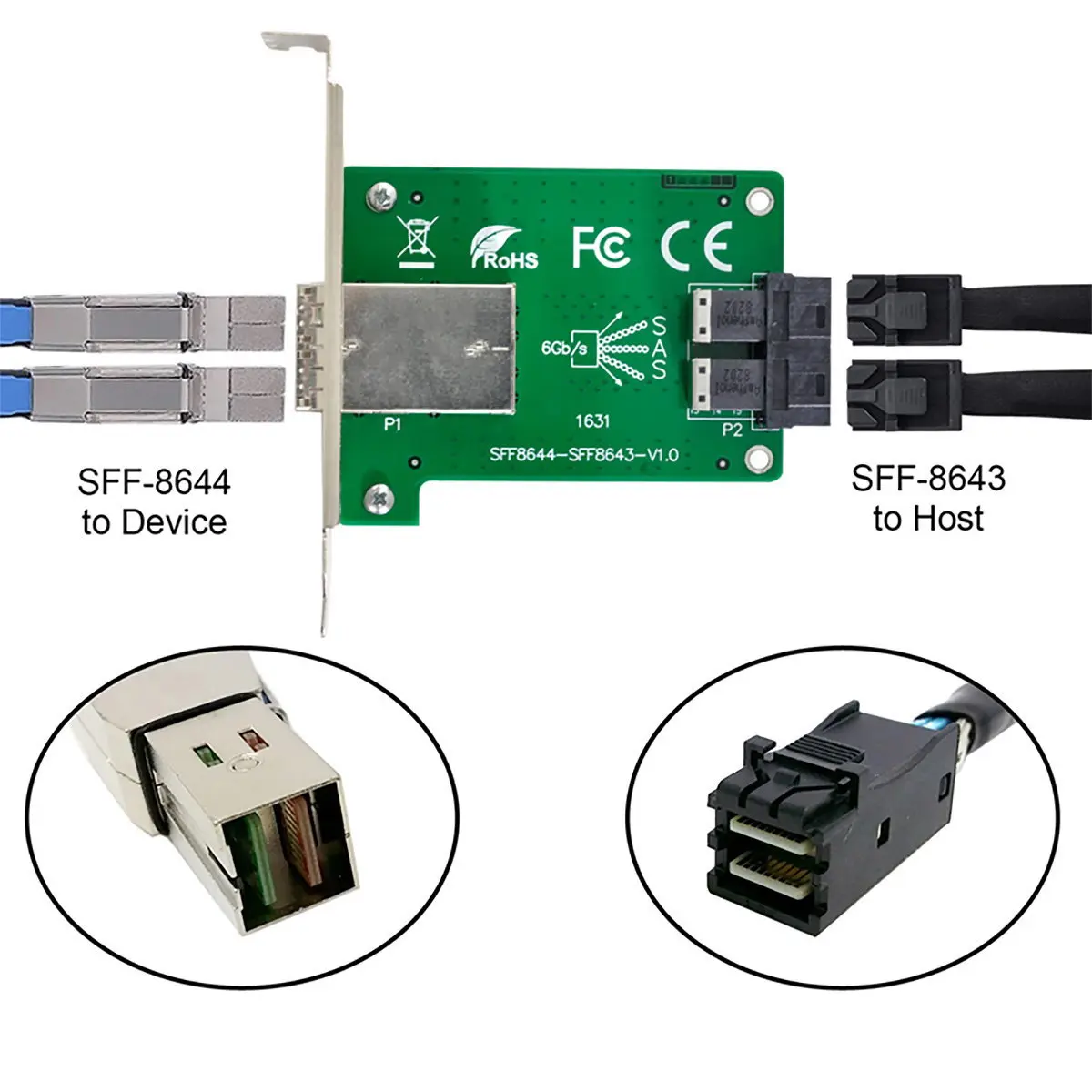 منافذ مزدوجة MiniSAS HD SFF-8644 إلى بطاقة محول أنثى SAS HD SFF-8643 PCBA الداخلية مع دعامة منخفضة المستوى لمركز البيانات