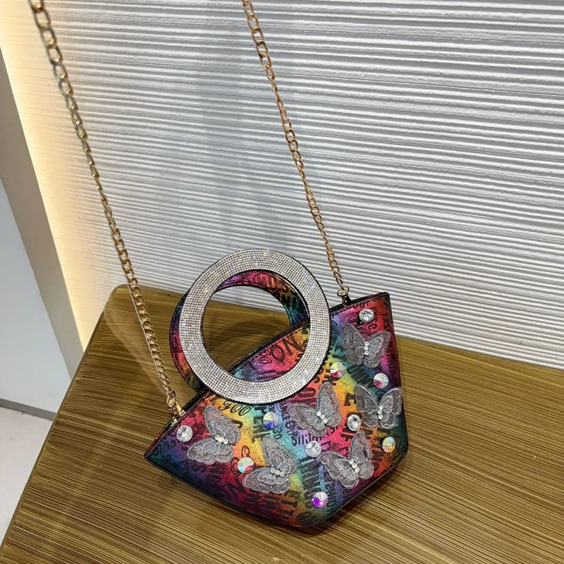

2025 Brand Design Luxury Rhinestone Women Tote Bag 3D Butterfly Round Diamond Handle Retro Handbags High End Party Shoulder Bag
