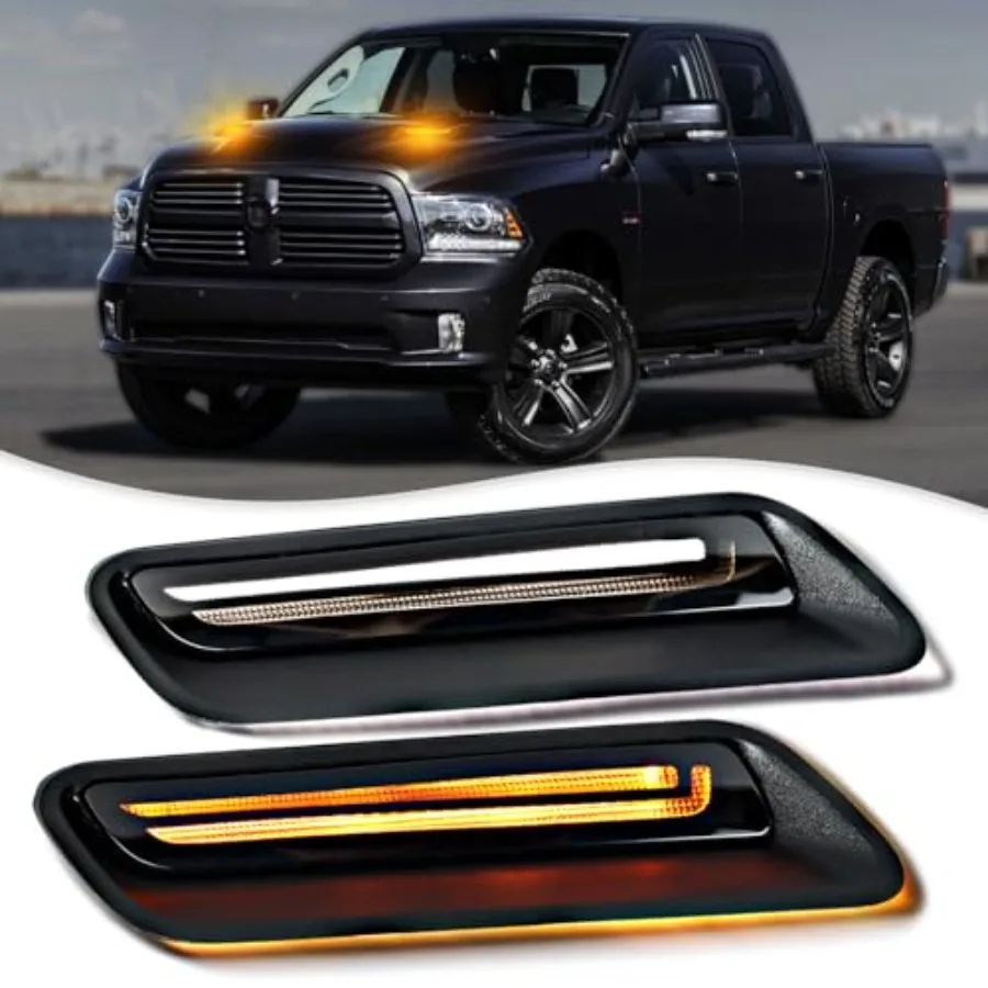 

LED Hood Vent Lights DRL Amber Sequential Turn Signal Lamp Feature Kit for Dodge RAM 1500 2010-2018 and Classic (2019-2022), Re