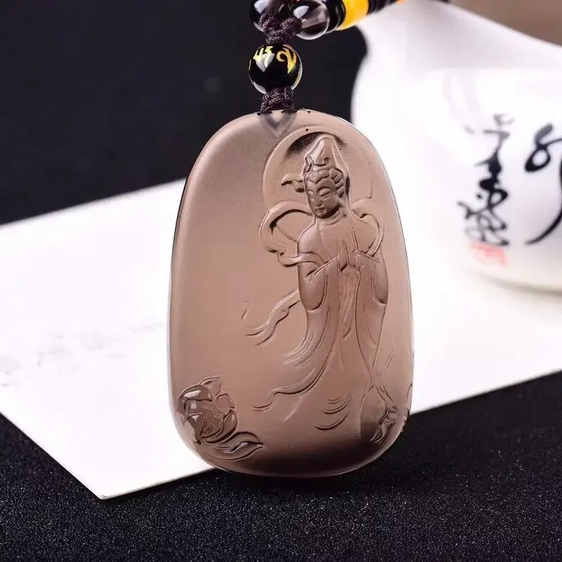 Wholesale Ice Black Natural Obsidian Pendant Carved Guanyin Buddha Pendant With Beads Sweater Chain Necklace Crystal Jewelry