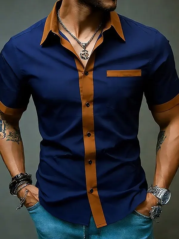 

Fashionable Youthful Men's Short Sleeve Shirt Color Block Design Standard Fit Polyester Blend Summer Casual Commute Wear