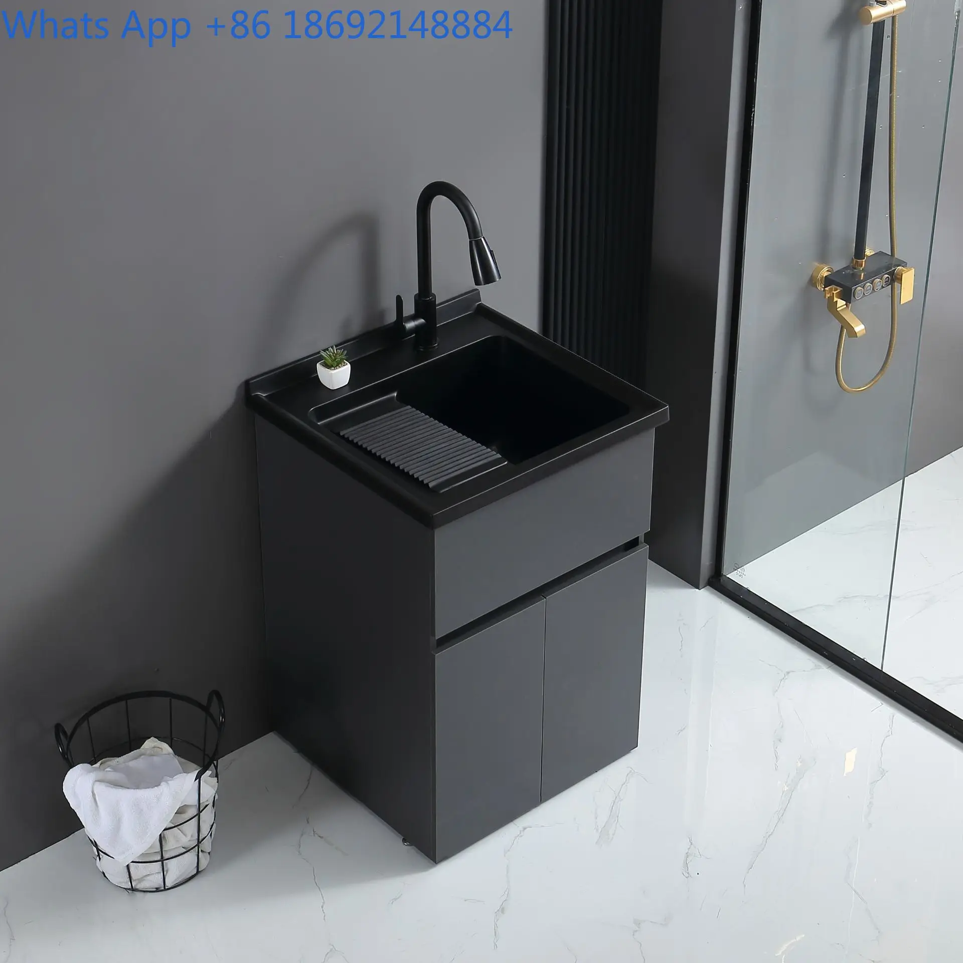 Solid Wood Multi Layer Paint Free Laundry Cabinet with Black Quartz Sink and 304 Faucet