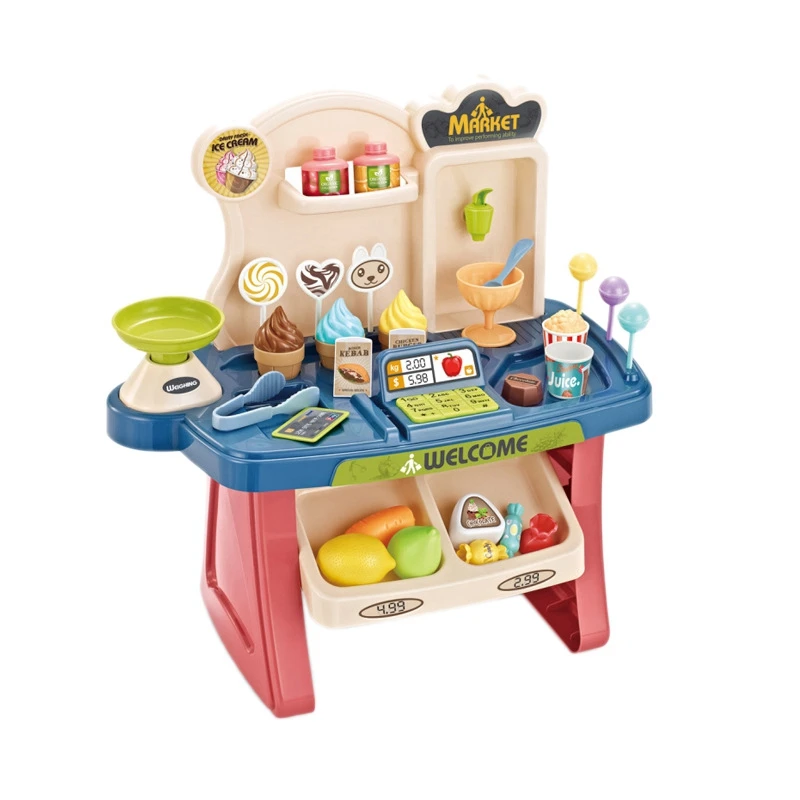 

A72I Kids Cashier Toys Supermarket Cash Register Pretend Play Simulation Shopping Cart Convenience Store Ice Cream Cart Toys