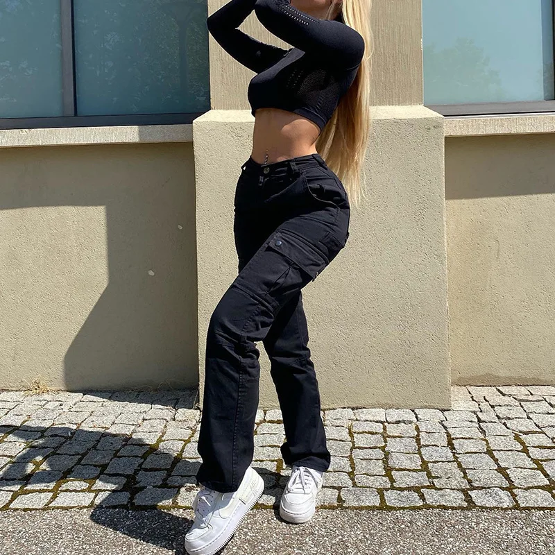 

Модные джинсовые комбинезоны с несколькими карманами в Европе и США, женские четырехсезонные новые уличные трендовые прямые брюки, повседневные джинсы