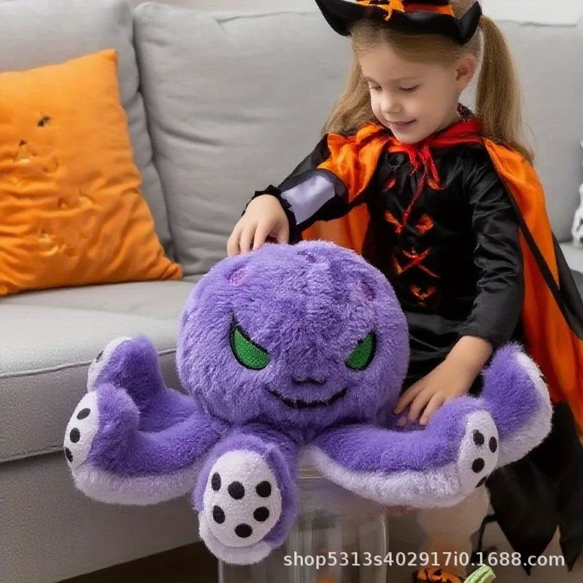 Halloween Flip Octopus Plush Toy Purple Devil Angry Green Eye Reversible Stuffed Doll Spooky Party Decor Kids Holiday Gift