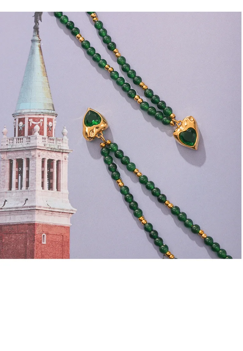 Natürliche Grüne Achat-Perlenkette Halskette für Damen Luxuriöser Zirkon-Herzanhänger Vintage-Halskette Accessoires Edelstahl-Schmuck – Detail 9