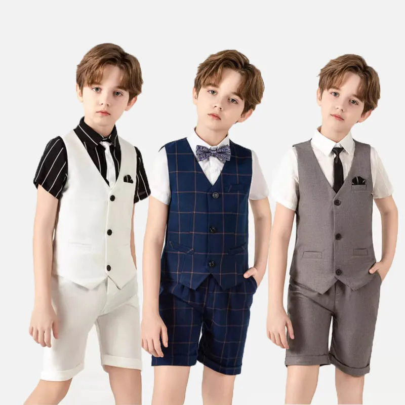 Boys Summer 4Pieces/Set Vest Shirt Shorts Bowtie Photograph Suit Back School Kids WaistCoat Tuxedo Dress Children Party Costume