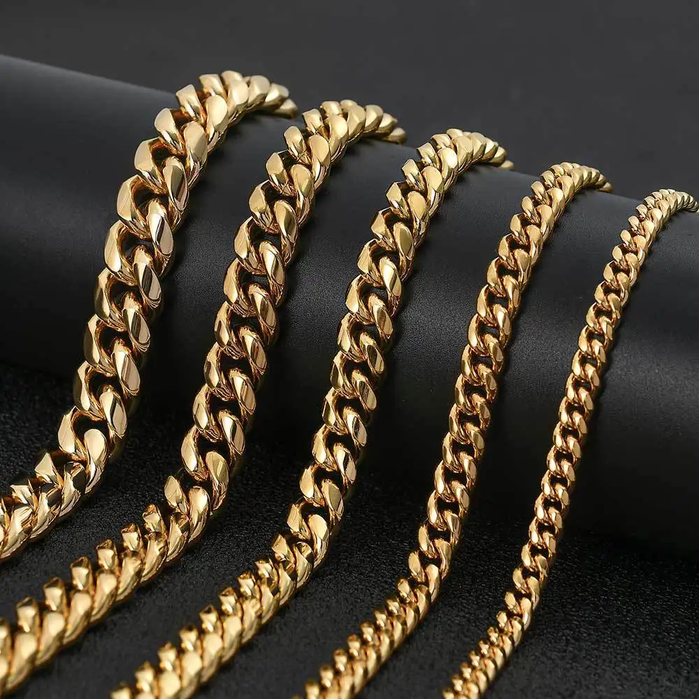 8/10/12/14/16/18mm Fashion Jewelry 316L Stainless Steel Miami Cuban Curb Link Chain Necklace for Women Men Gold Color