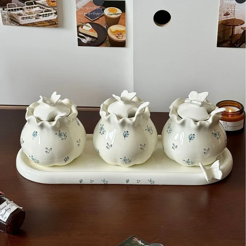 Set of 3 Vintage Porcelain Salt Pepper and Suga Jars,Ceramic Seasoning Box,Kitchen Gadgets,Condiment Bottles,Storage Organizer
