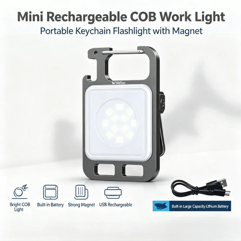 SMILING SHARK Outdoor Mini Keychain Flashlight Bright COB Work Light Rechargeable Magnet Built‑in‑Battery Portable Lanterna
