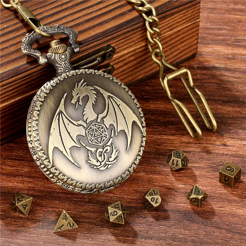 Bronze 7pcs Tiny Polyhedral Metal Dice Set with Engraved Dragon Pocket Watch Case FOB Chain Role Play Gaming Dices