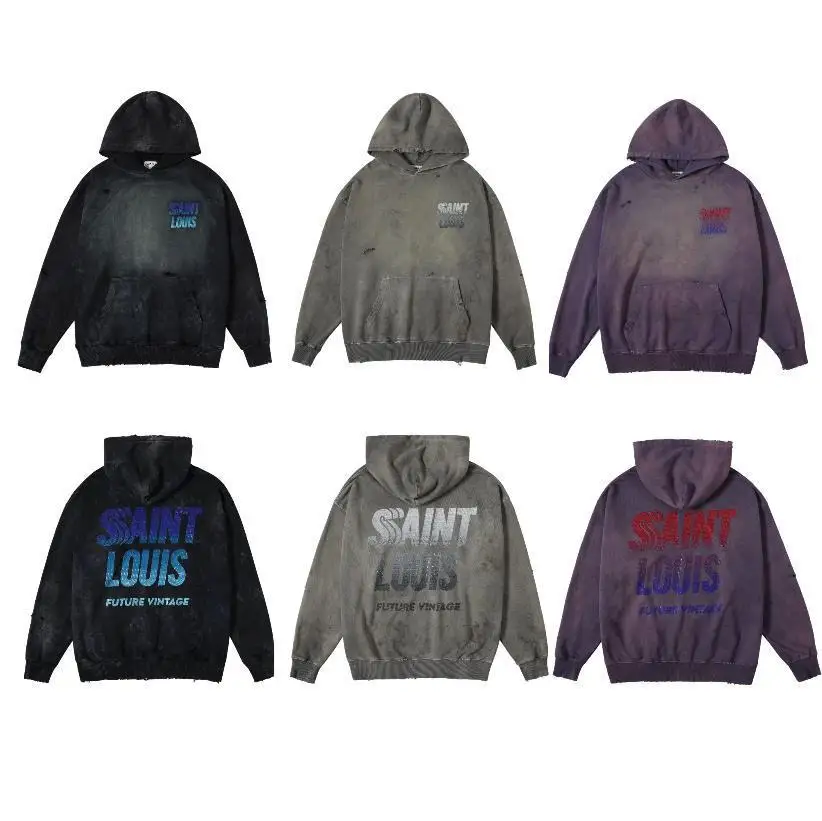 

SSSAINT LOUIS Full Diamond Gradient Logo Hooded Pullover American Retro High Street Sweatshirt for Men and Women Trendy